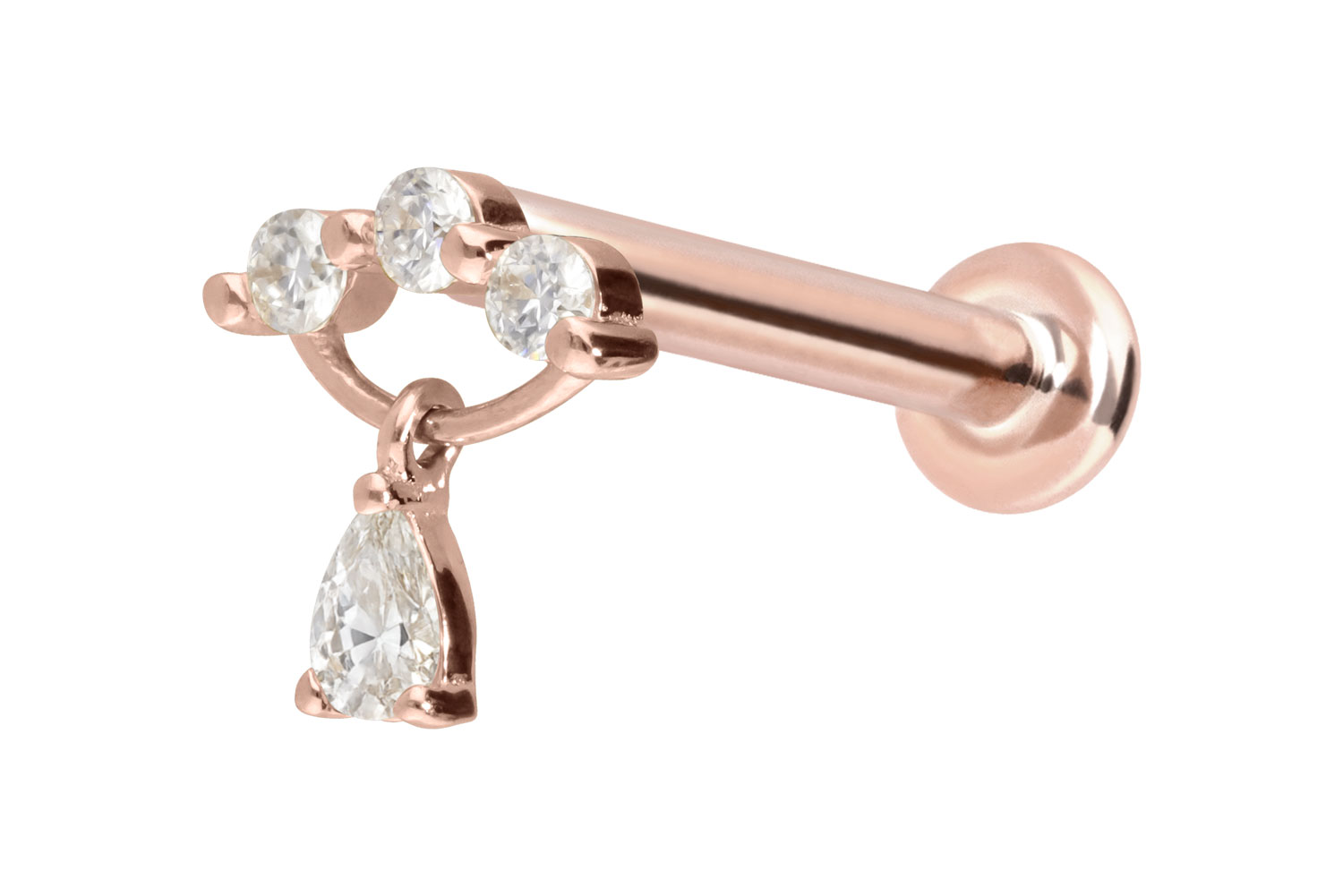 14 Karat Gold Labret Piercing mit Innengewinde MOISSANIT-BOGEN + MOISSANIT-TROPFEN